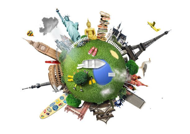 small planet with landmarks around the world